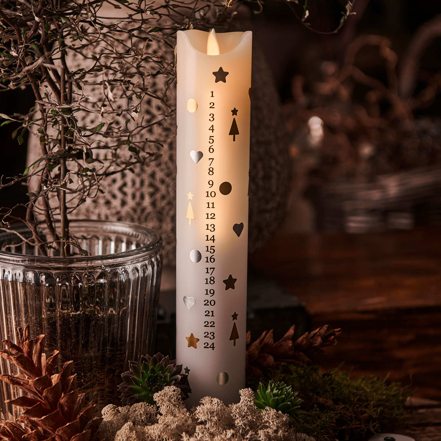 Sara Kalenderlys 30 cm, Sølv/Guld