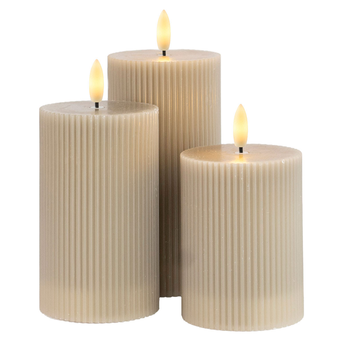 Smilla Genopladelig Bloklys Ø7,5 cm, 3 stk. sæt, Varm grå