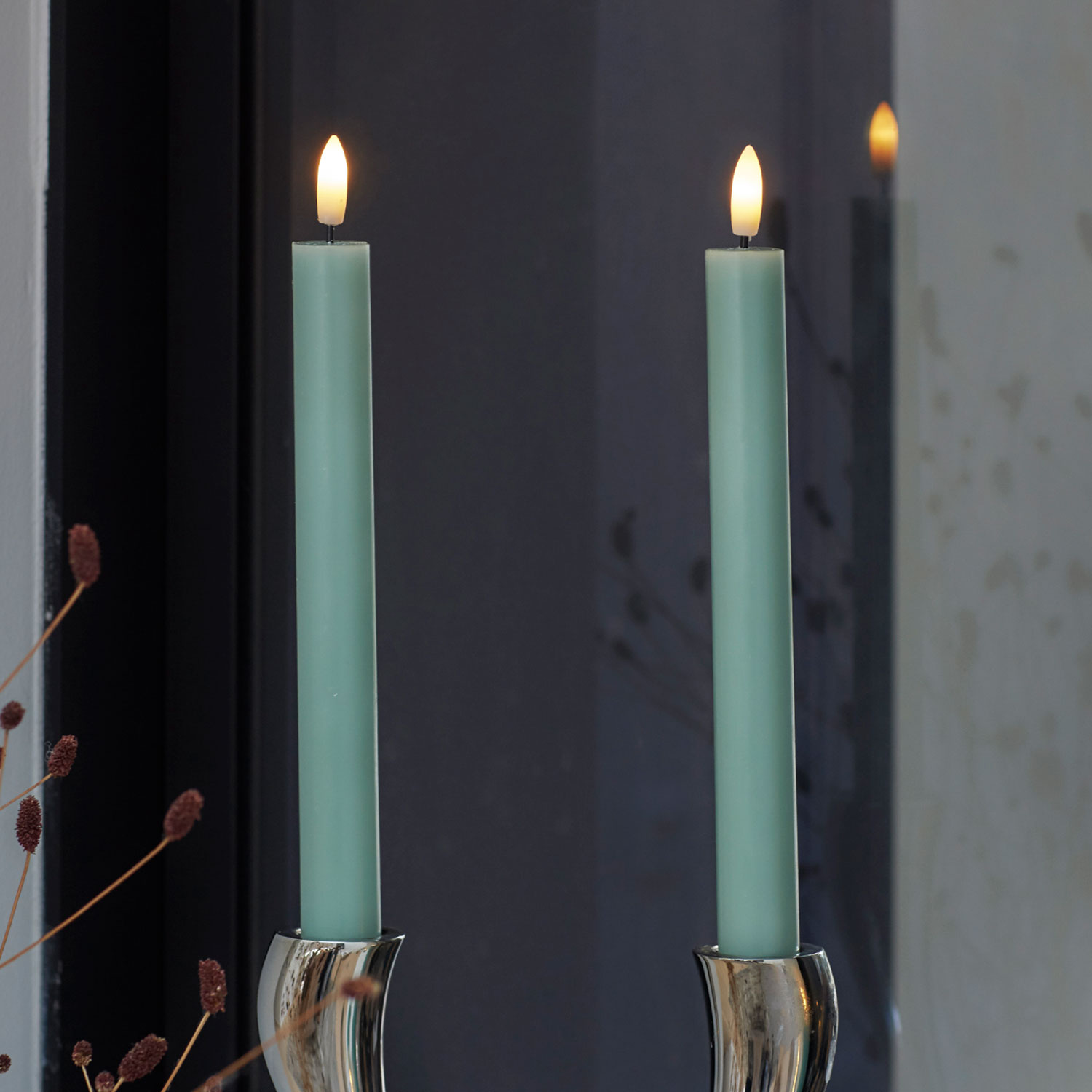 Sille Kronelys 2-pak, Ø2 x 25 cm, Sandy Green