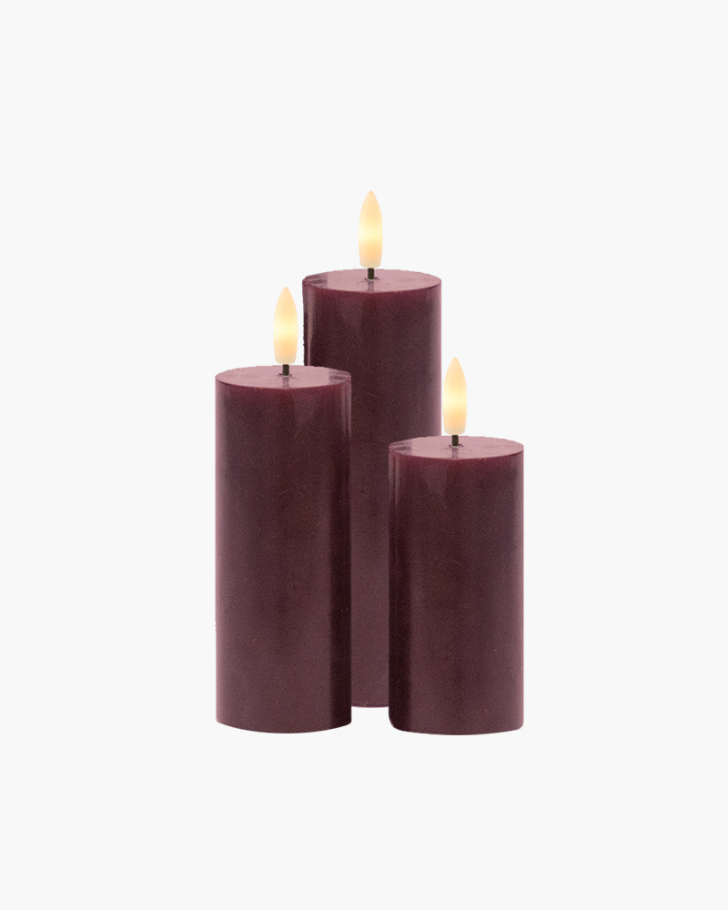 Sille Genopladelig Bloklys 3 stk. sæt Ø5 x 10/12,5/15 cm, Bordeaux