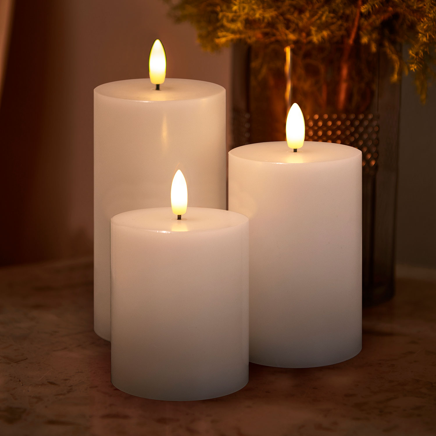 Sille Bloklys 3 stk. sæt Ø7,5 x 10/12,5/15 cm, Hvid