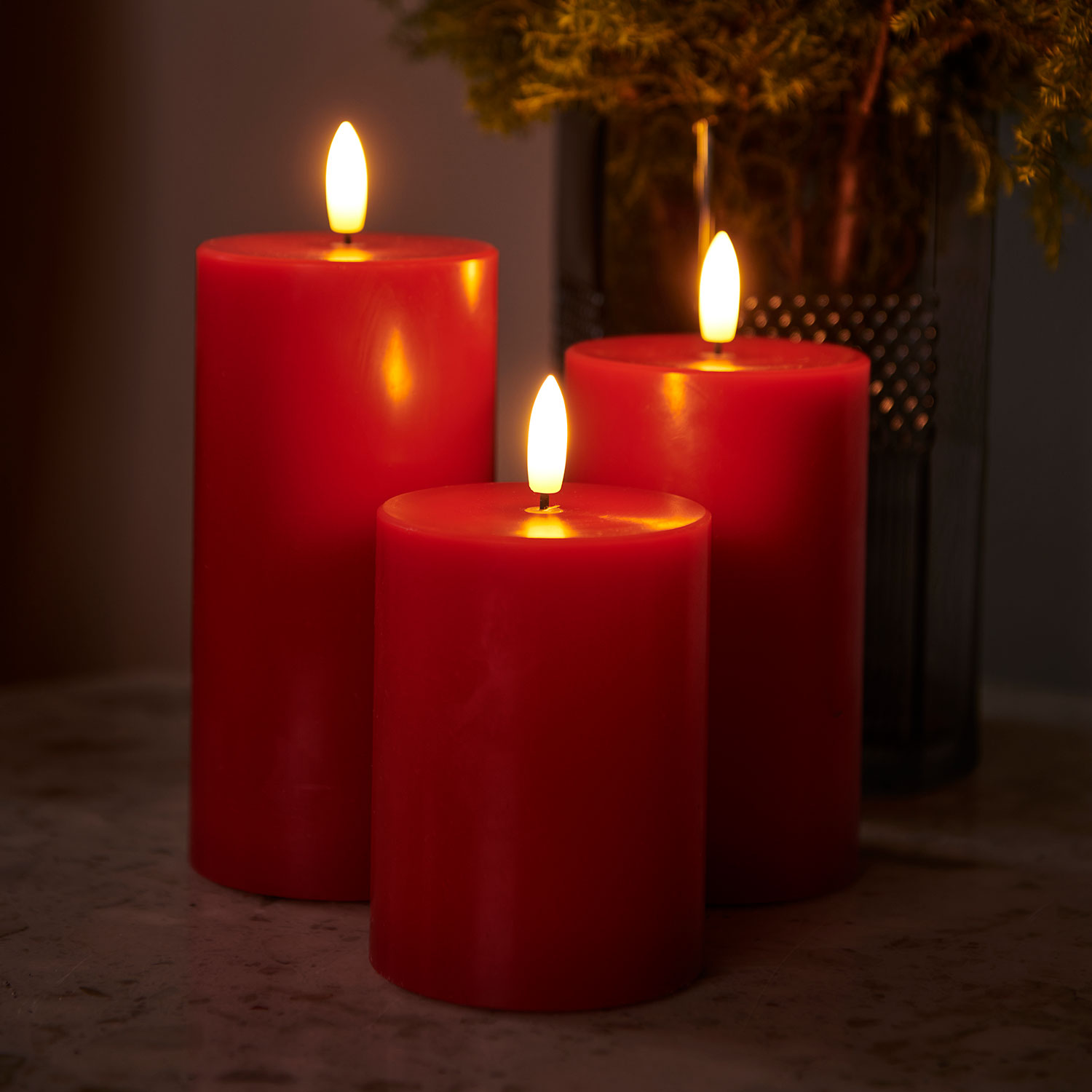 Sille Bloklys 3 stk. sæt Ø7,5 x 10/12,5/15 cm, Rød